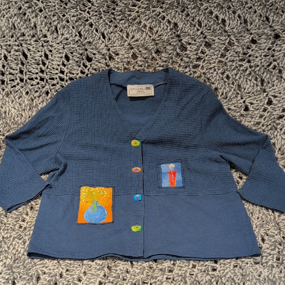 Studio G Sport Blue Cardigan with Colorful Patches And Buttons Vintage.